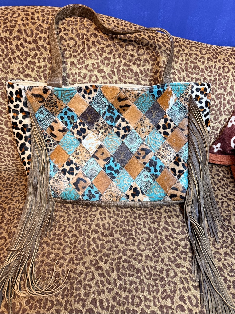 Turquoise, Tan and Leopard Patchwork Fringe Tote